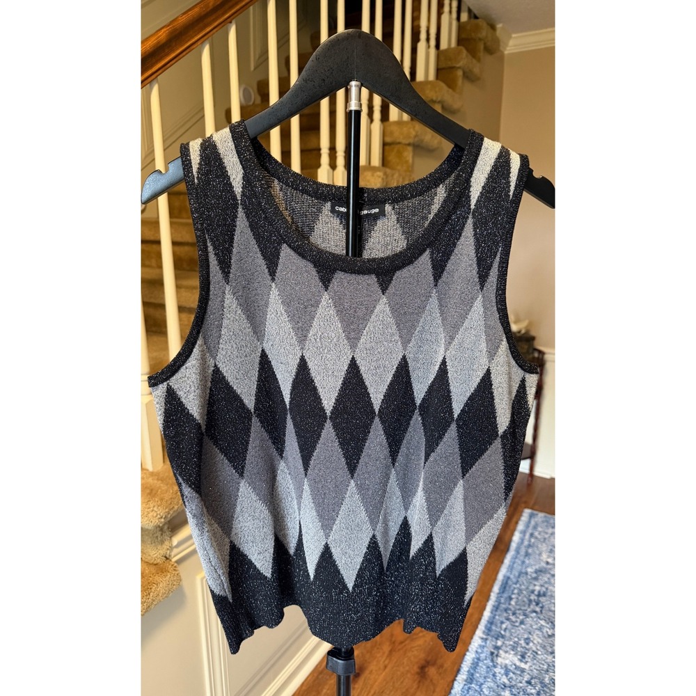 Cable & Gauge Women Black Grey Argyle Metallic Knit Sweater Vest Size Large NWT